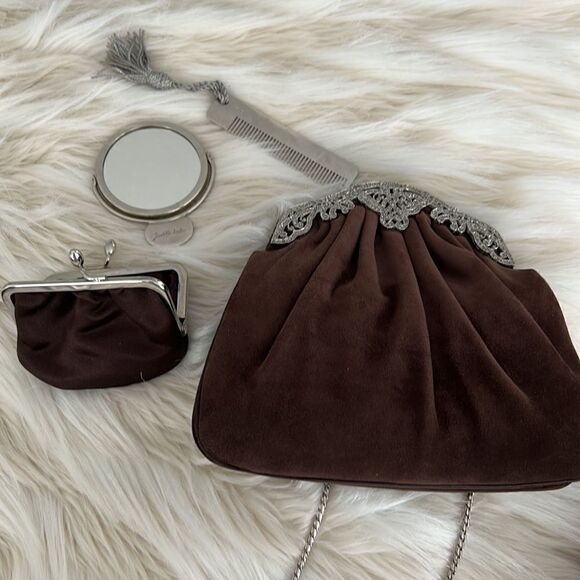 JUDITH LEIBER SUEDE EVENING BAG w/ COIN PURSE & STERLING COMB & MIRROR SET - Picture 7 of 11